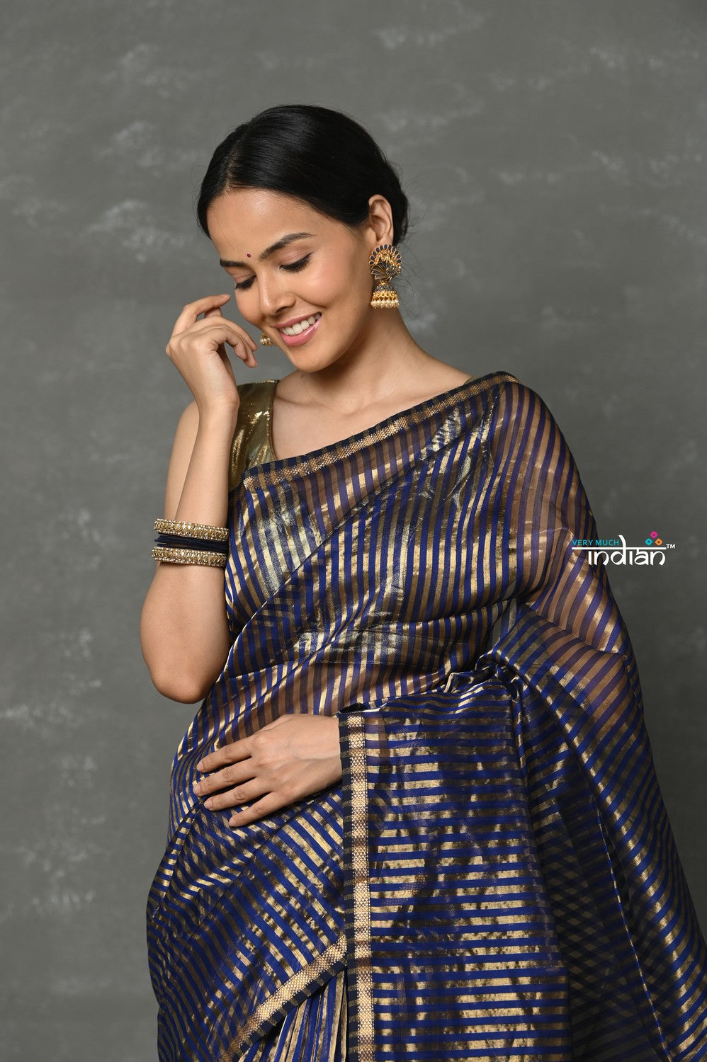 Very Much Indian Handloom Pure Cotton Silk Saree With Trendy Golden Stripes - Indigo Blue | Grocsy