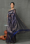 Very Much Indian Handloom Pure Cotton Silk Saree With Trendy Golden Stripes - Indigo Blue | Grocsy