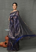 Very Much Indian Handloom Pure Cotton Silk Saree With Trendy Golden Stripes - Indigo Blue | Grocsy