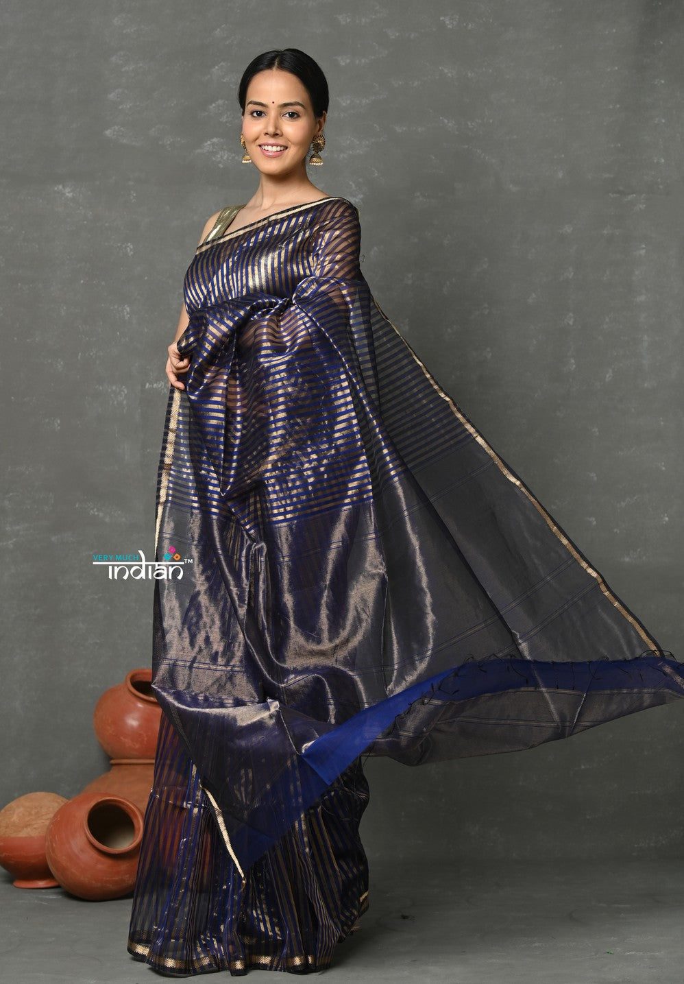 Very Much Indian Handloom Pure Cotton Silk Saree With Trendy Golden Stripes - Indigo Blue | Grocsy