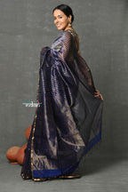 Very Much Indian Handloom Pure Cotton Silk Saree With Trendy Golden Stripes - Indigo Blue | Grocsy