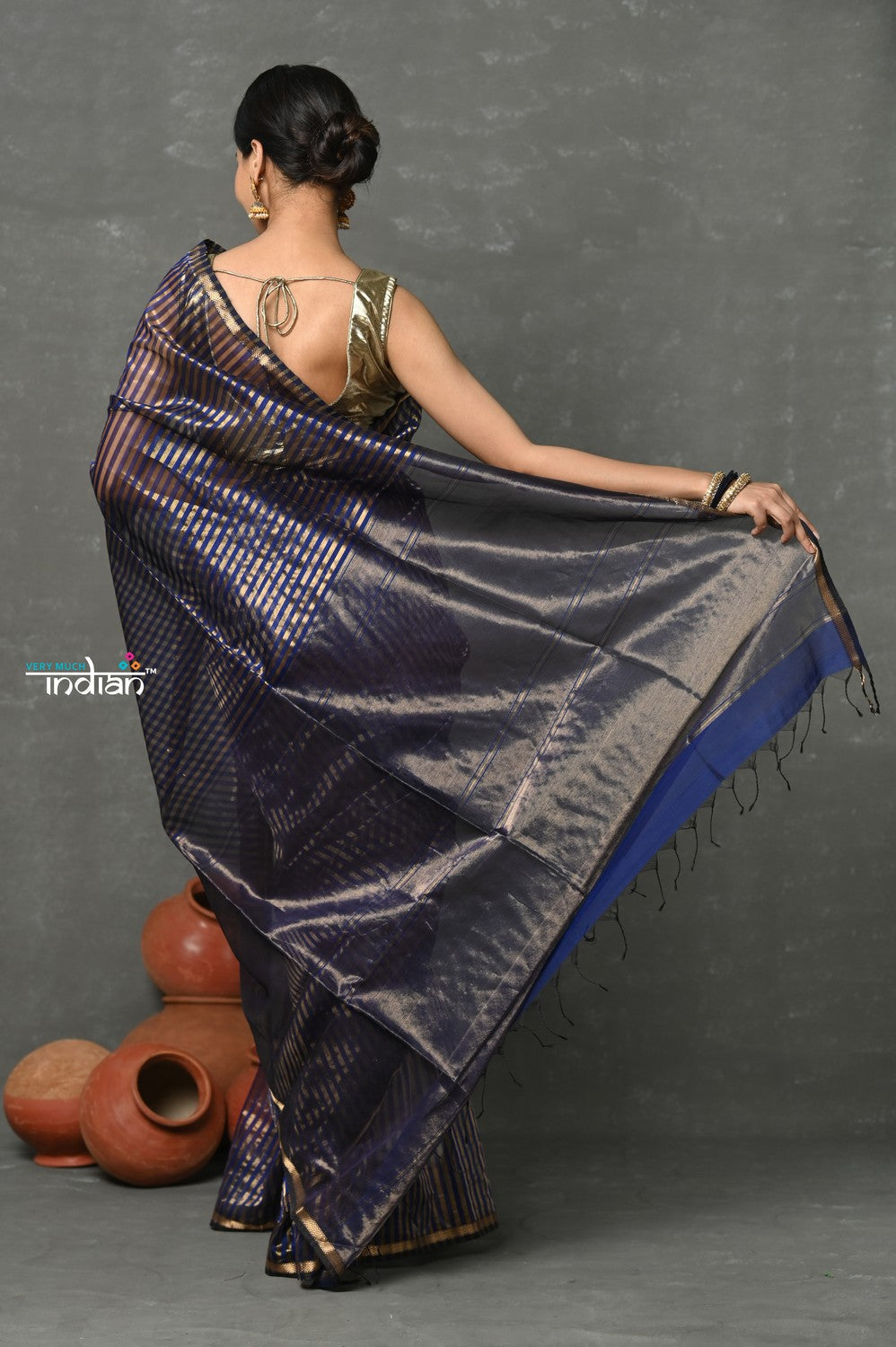 Very Much Indian Handloom Pure Cotton Silk Saree With Trendy Golden Stripes - Indigo Blue | Grocsy