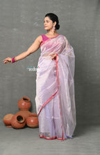 Very Much Indian Handloom Pure Cotton Silk Saree With Trendy Stripes - Pretty Lavender | Grocsy