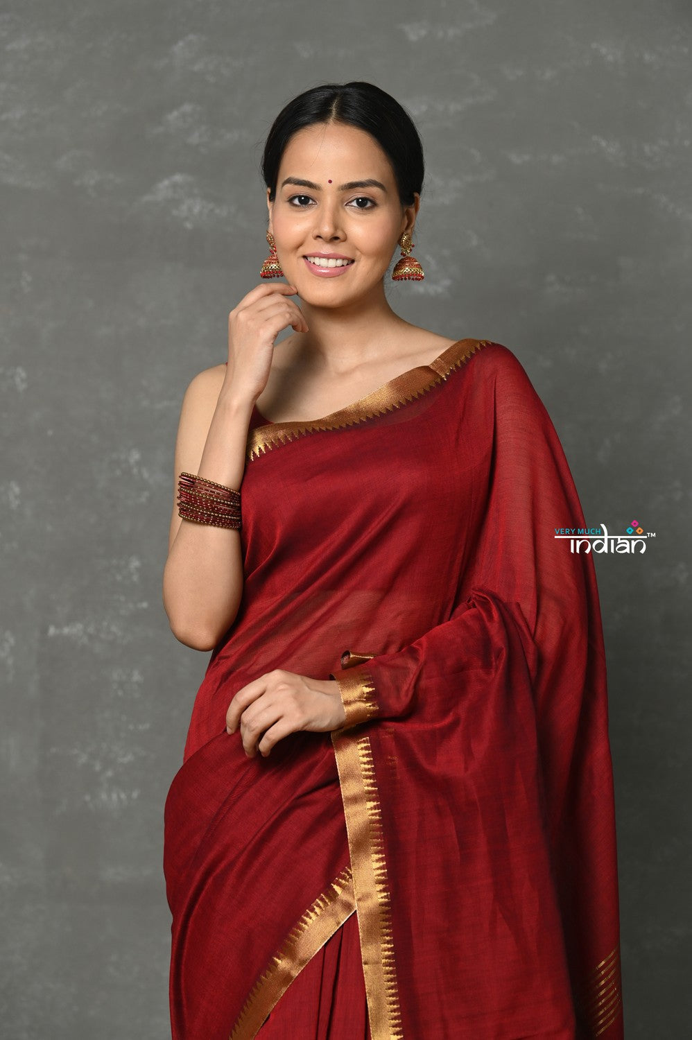 Very Much Indian Designer! High Quality Pure Mul Cotton Handloom Saree - Maroon | Grocsy