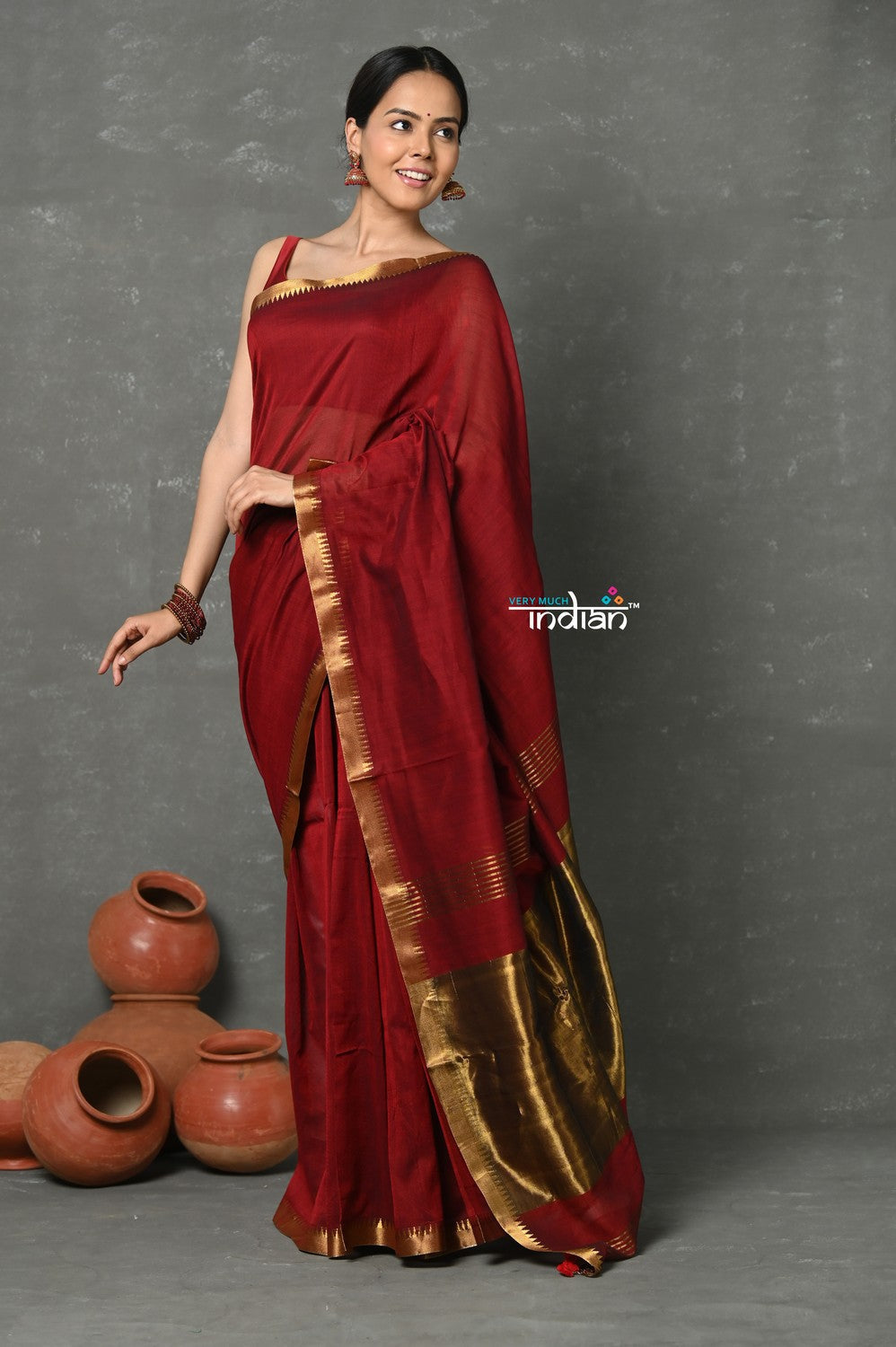 Very Much Indian Designer! High Quality Pure Mul Cotton Handloom Saree - Maroon | Grocsy