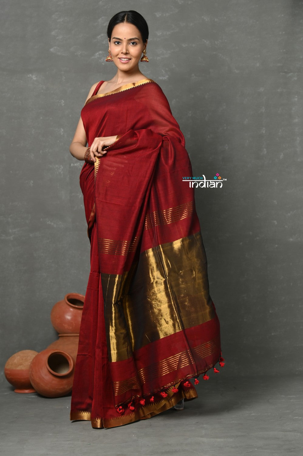 Very Much Indian Designer! High Quality Pure Mul Cotton Handloom Saree - Maroon | Grocsy