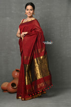 Very Much Indian Designer! High Quality Pure Mul Cotton Handloom Saree - Maroon | Grocsy