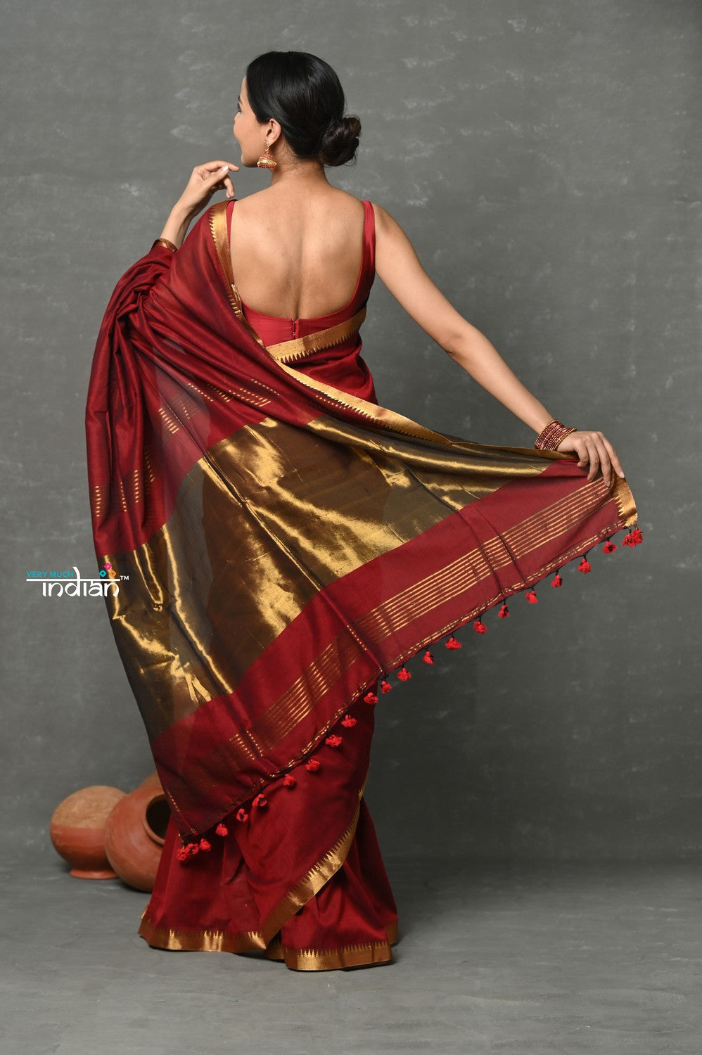 Very Much Indian Designer! High Quality Pure Mul Cotton Handloom Saree - Maroon | Grocsy