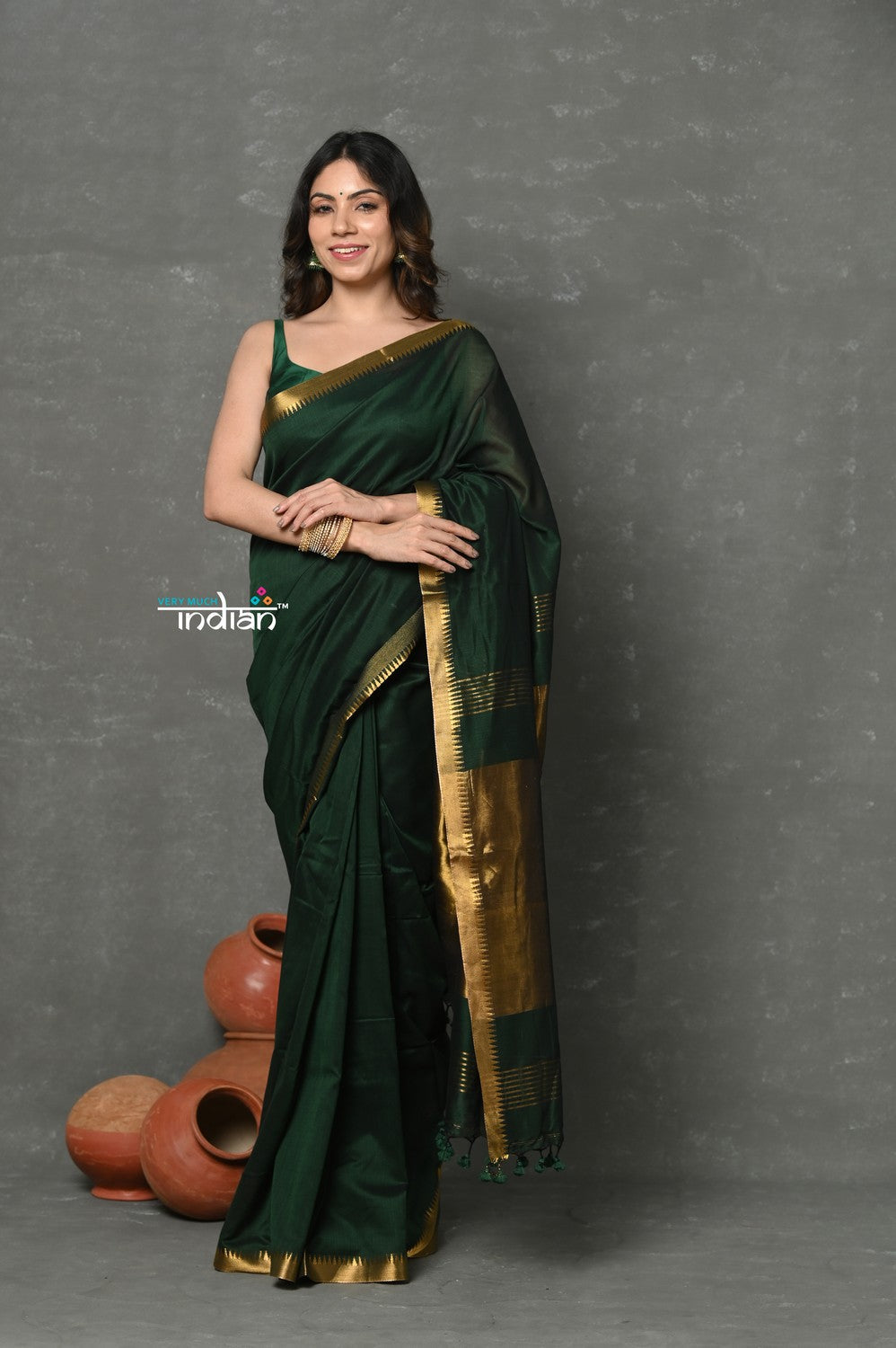 Very Much Indian ! High Quality Pure Mul Cotton Handloom Saree - Dark Green | Grocsy