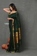 Very Much Indian ! High Quality Pure Mul Cotton Handloom Saree - Dark Green | Grocsy