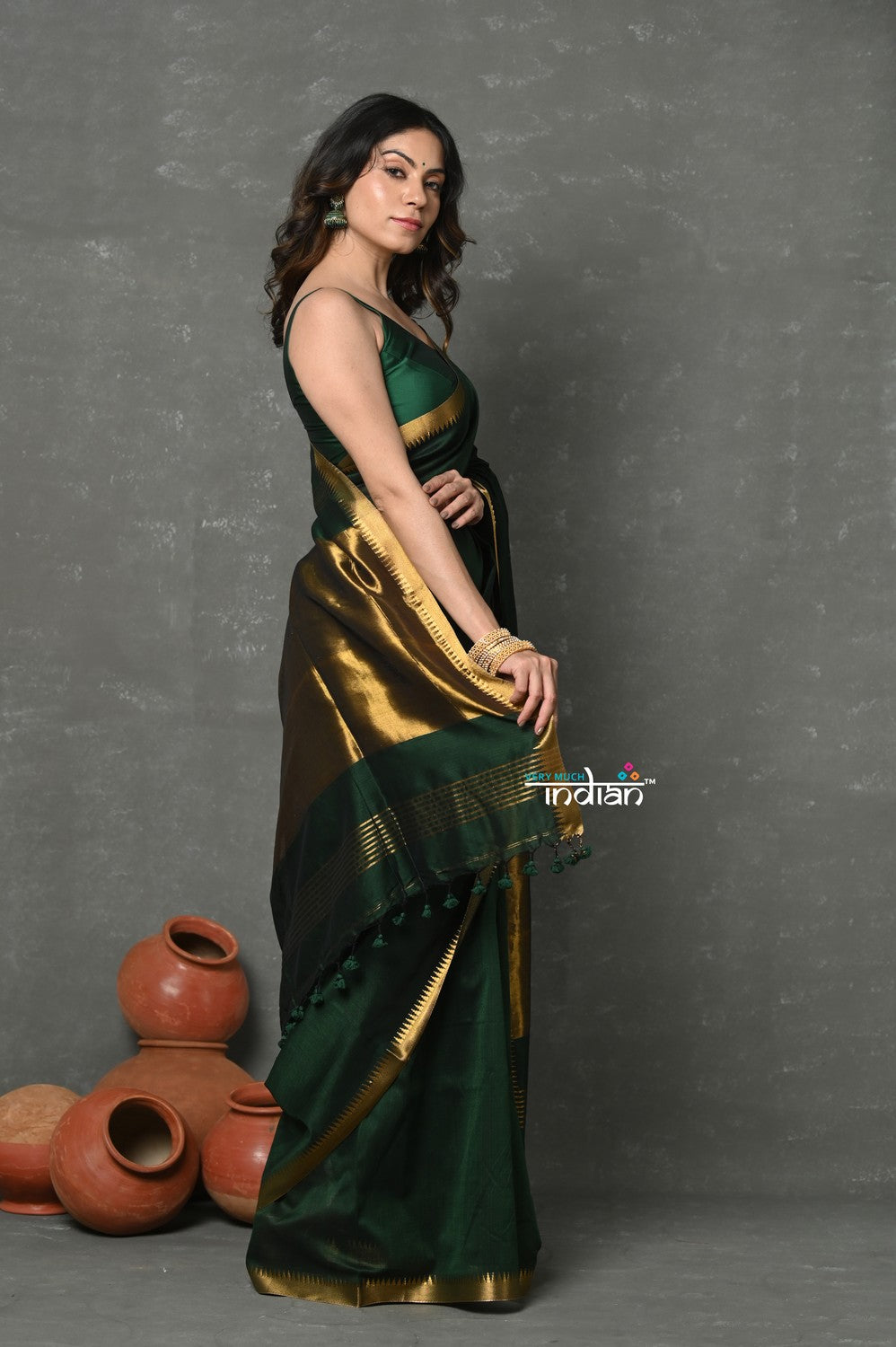Very Much Indian ! High Quality Pure Mul Cotton Handloom Saree - Dark Green | Grocsy