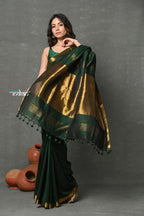 Very Much Indian ! High Quality Pure Mul Cotton Handloom Saree - Dark Green | Grocsy