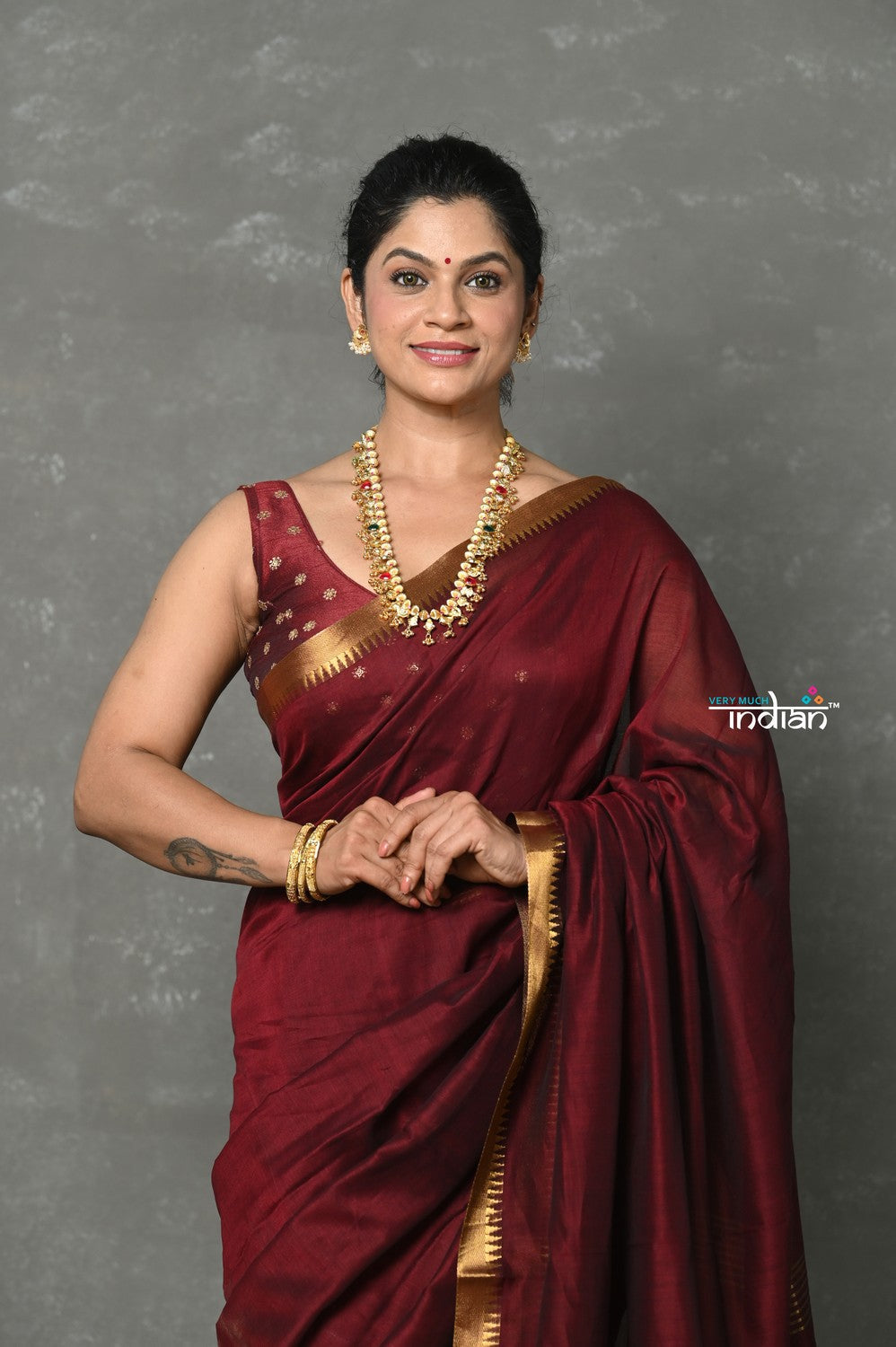 Very Much Indian Designer! High Quality Pure Mul Cotton Handloom Saree - Dark Maroon | Grocsy