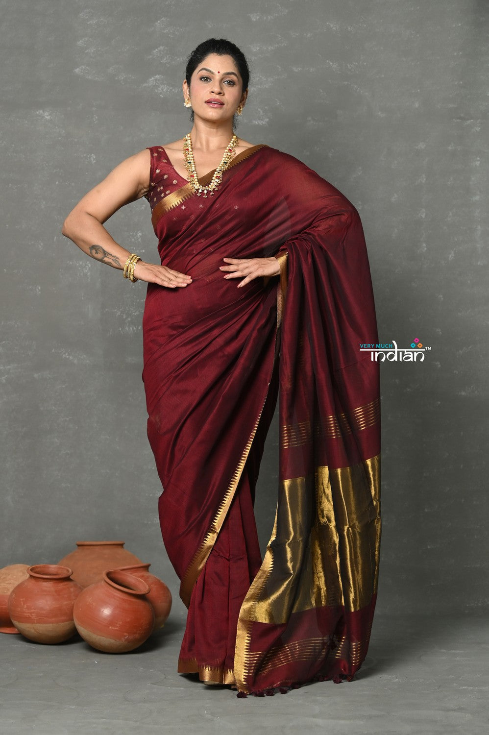 Very Much Indian Designer! High Quality Pure Mul Cotton Handloom Saree - Dark Maroon | Grocsy