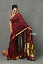 Very Much Indian Designer! High Quality Pure Mul Cotton Handloom Saree - Dark Maroon | Grocsy