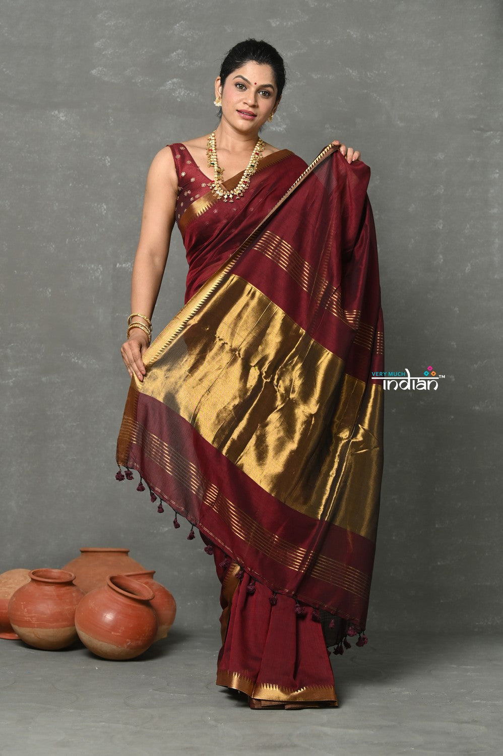 Very Much Indian Designer! High Quality Pure Mul Cotton Handloom Saree - Dark Maroon | Grocsy