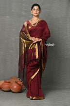 Very Much Indian Designer! High Quality Pure Mul Cotton Handloom Saree - Dark Maroon | Grocsy