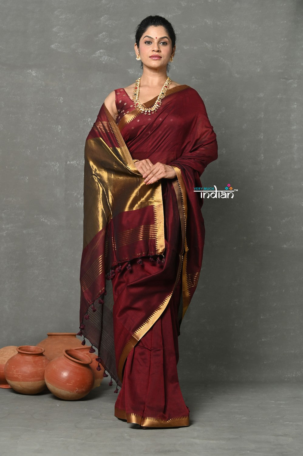 Very Much Indian Designer! High Quality Pure Mul Cotton Handloom Saree - Dark Maroon | Grocsy
