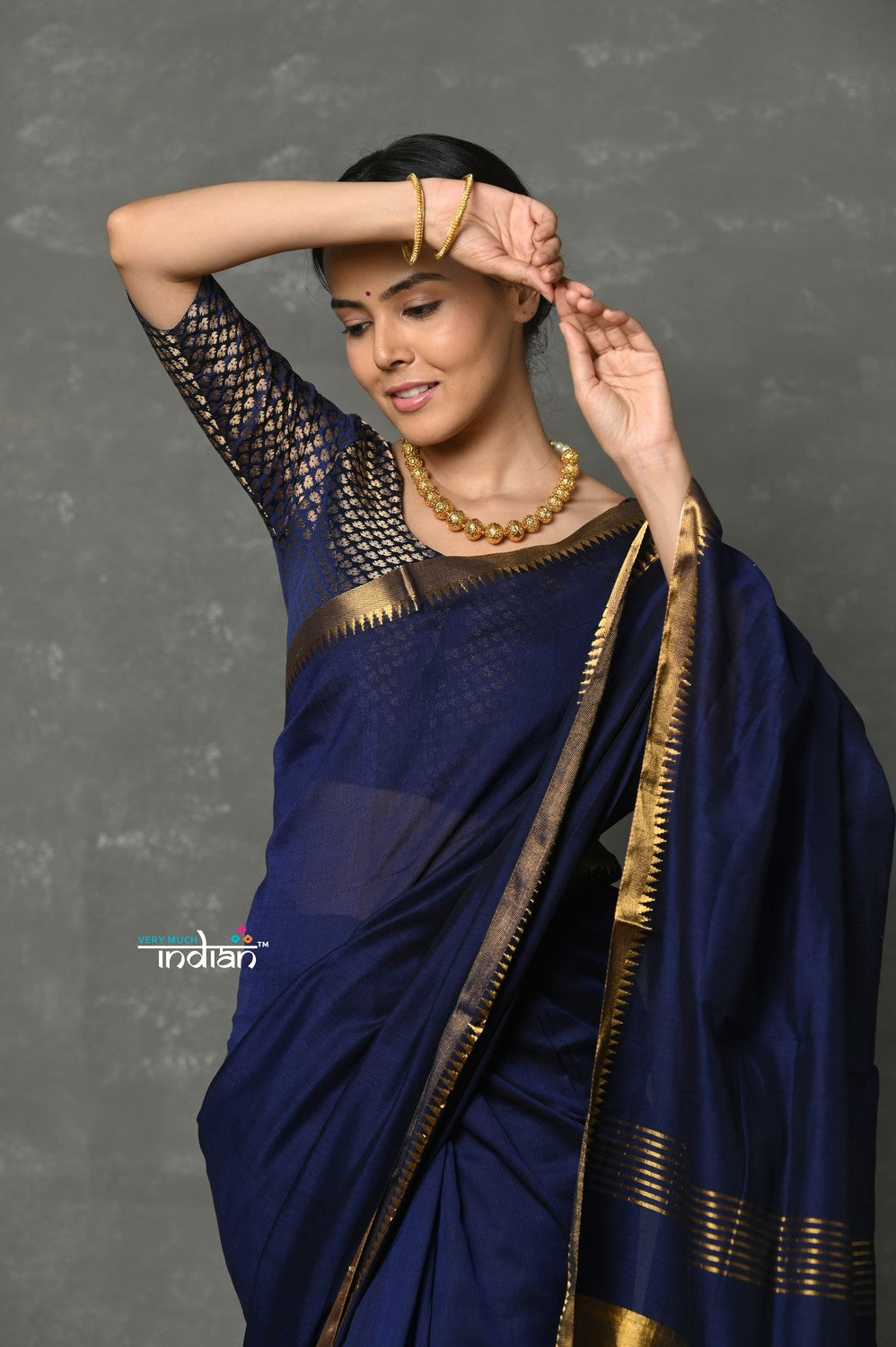 Very Much Indian Designer! High Quality Pure Mul Cotton Handloom Saree - Dark Blue | Grocsy