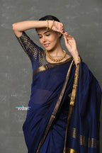 Very Much Indian Tyohaar - Designer! High Quality Pure Mul Cotton Handloom Saree - Dark Blue | Grocsy