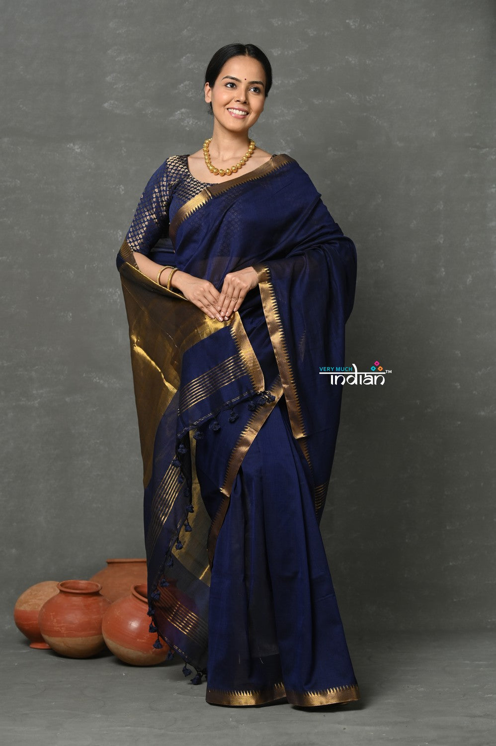 Very Much Indian Designer! High Quality Pure Mul Cotton Handloom Saree - Dark Blue | Grocsy