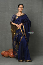 Very Much Indian Designer! High Quality Pure Mul Cotton Handloom Saree - Dark Blue | Grocsy