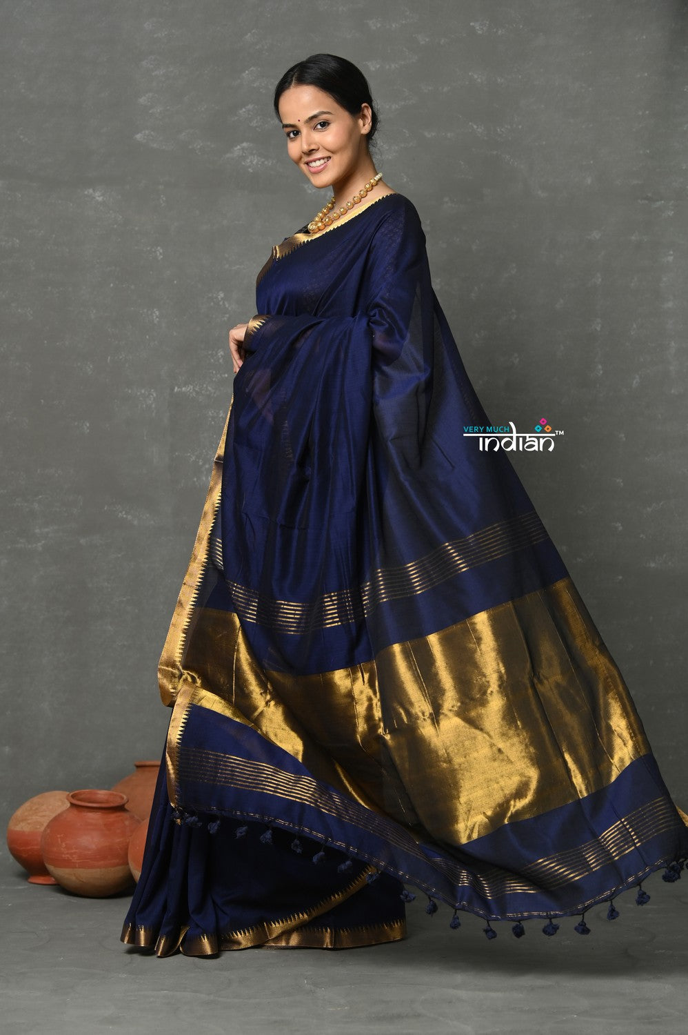 Very Much Indian Tyohaar - Designer! High Quality Pure Mul Cotton Handloom Saree - Dark Blue | Grocsy