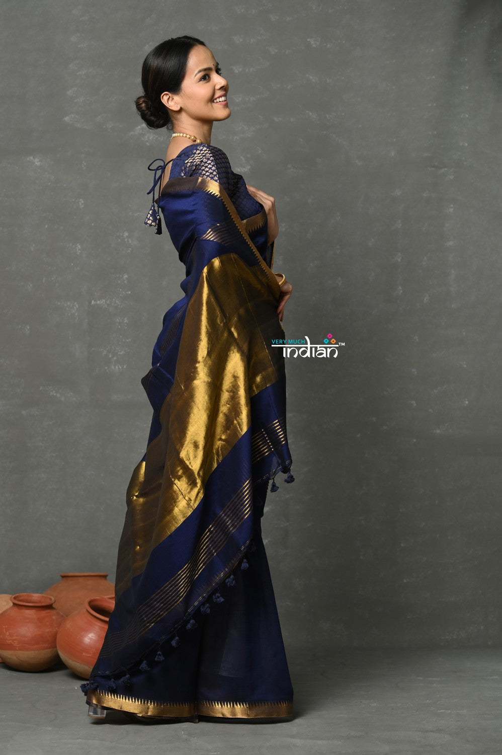 Very Much Indian Designer! High Quality Pure Mul Cotton Handloom Saree - Dark Blue | Grocsy