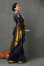 Very Much Indian Tyohaar - Designer! High Quality Pure Mul Cotton Handloom Saree - Dark Blue | Grocsy