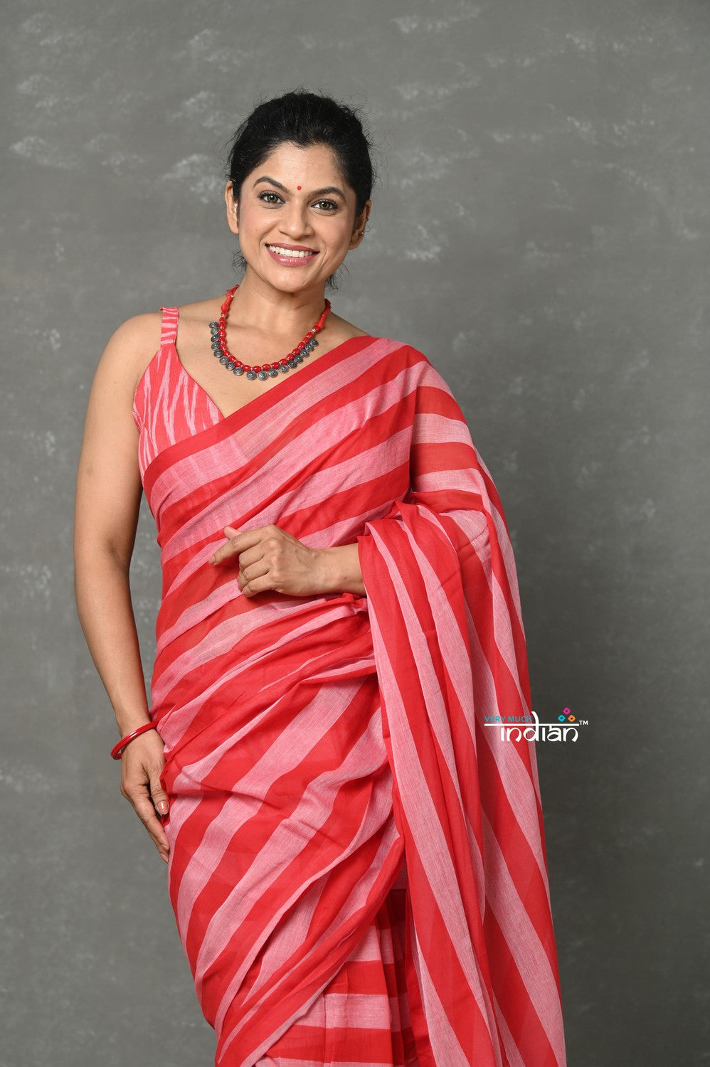 Very Much Indian Designer! High Quality Pure Mul Cotton Handloom Saree - Red | Grocsy
