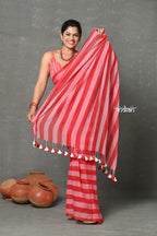 Very Much Indian Designer! High Quality Pure Mul Cotton Handloom Saree - Red | Grocsy