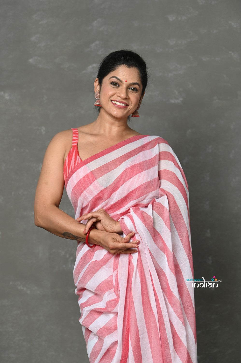 Very Much Indian Designer! Pure Mul Cotton Handloom Saree - Red White Stripes | Grocsy
