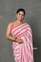 Very Much Indian Designer! Pure Mul Cotton Handloom Saree - Red White Stripes | Grocsy