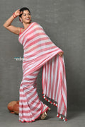 Very Much Indian Designer! Pure Mul Cotton Handloom Saree - Red White Stripes | Grocsy