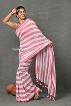 Very Much Indian Designer! Pure Mul Cotton Handloom Saree - Red White Stripes | Grocsy