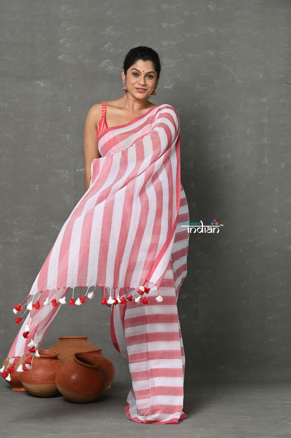 Very Much Indian Designer! Pure Mul Cotton Handloom Saree - Red White Stripes | Grocsy