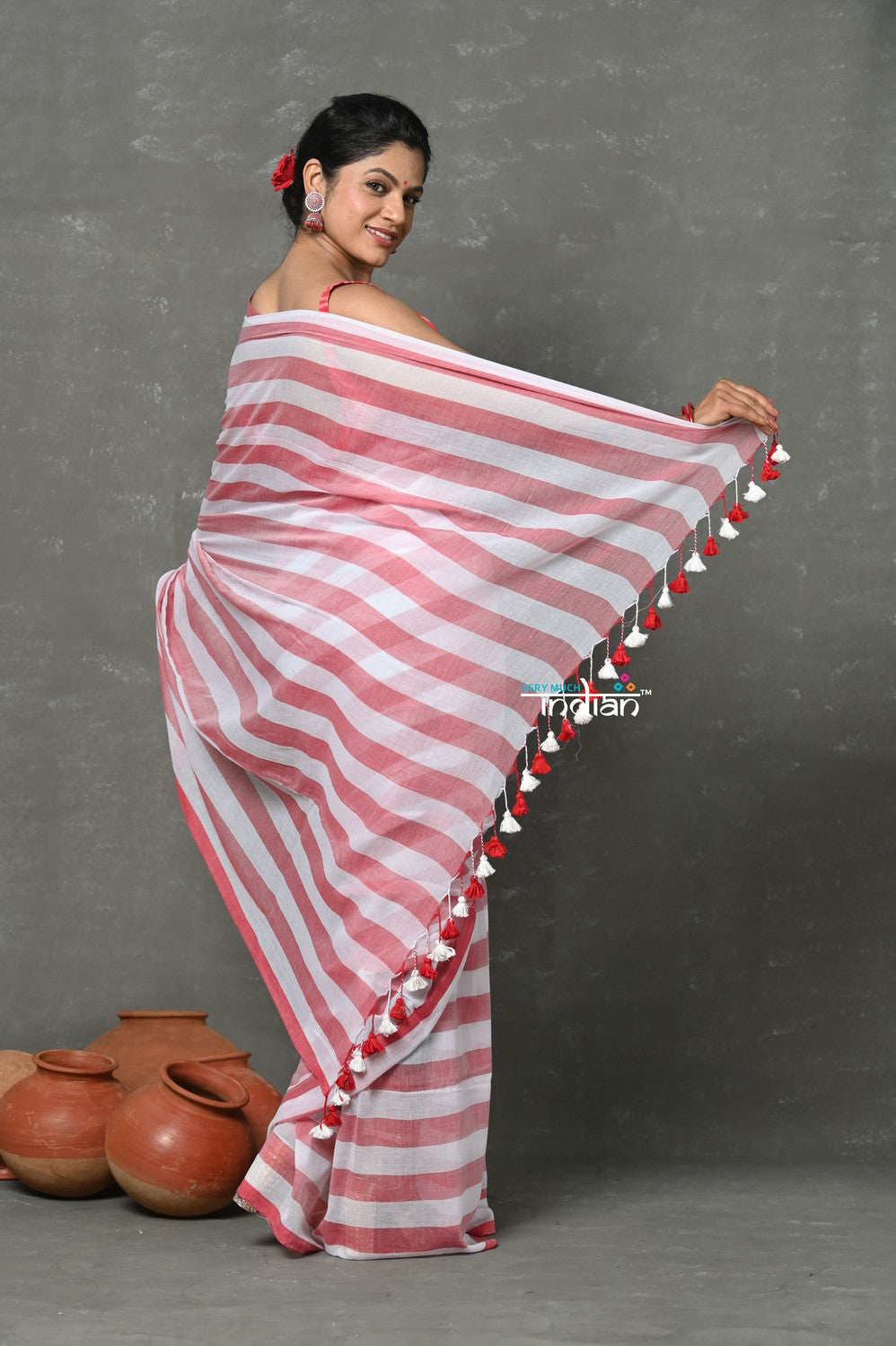 Very Much Indian Designer! Pure Mul Cotton Handloom Saree - Red White Stripes | Grocsy