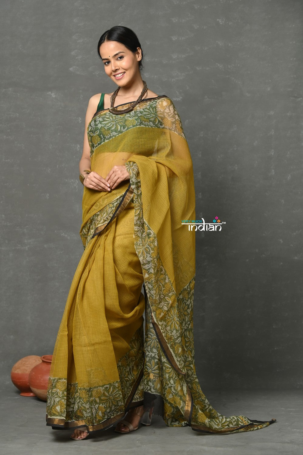 Very Much Indian Pure Kota Cotton Handblock Printed - Olive Yellow | Grocsy