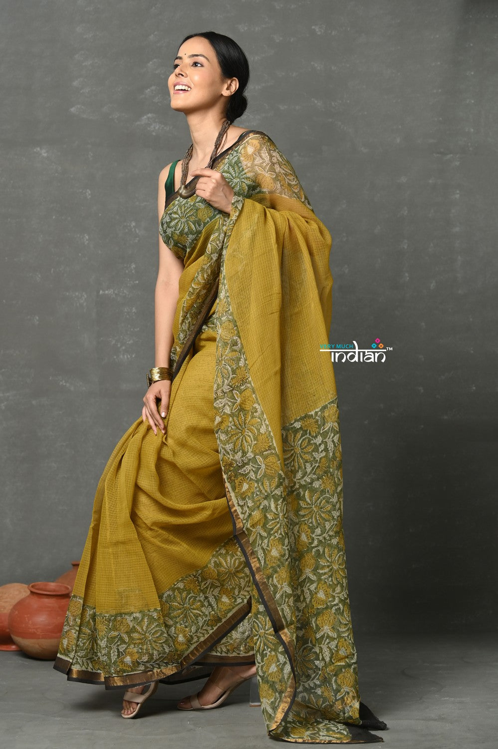 Very Much Indian Pure Kota Cotton Handblock Printed - Olive Yellow | Grocsy