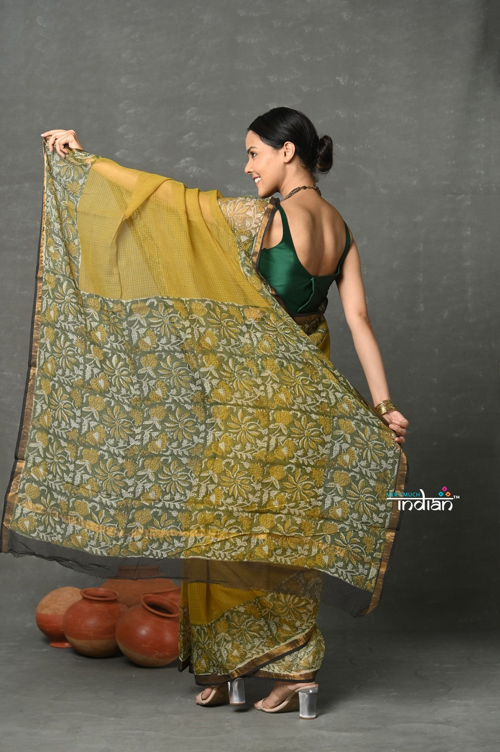 Very Much Indian Pure Kota Cotton Handblock Printed - Olive Yellow | Grocsy