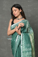 Very Much Indian Designed By VMI~ Handloom Pure Organic Natural Linen Saree - HandBlock Printed - Olive Green | Grocsy