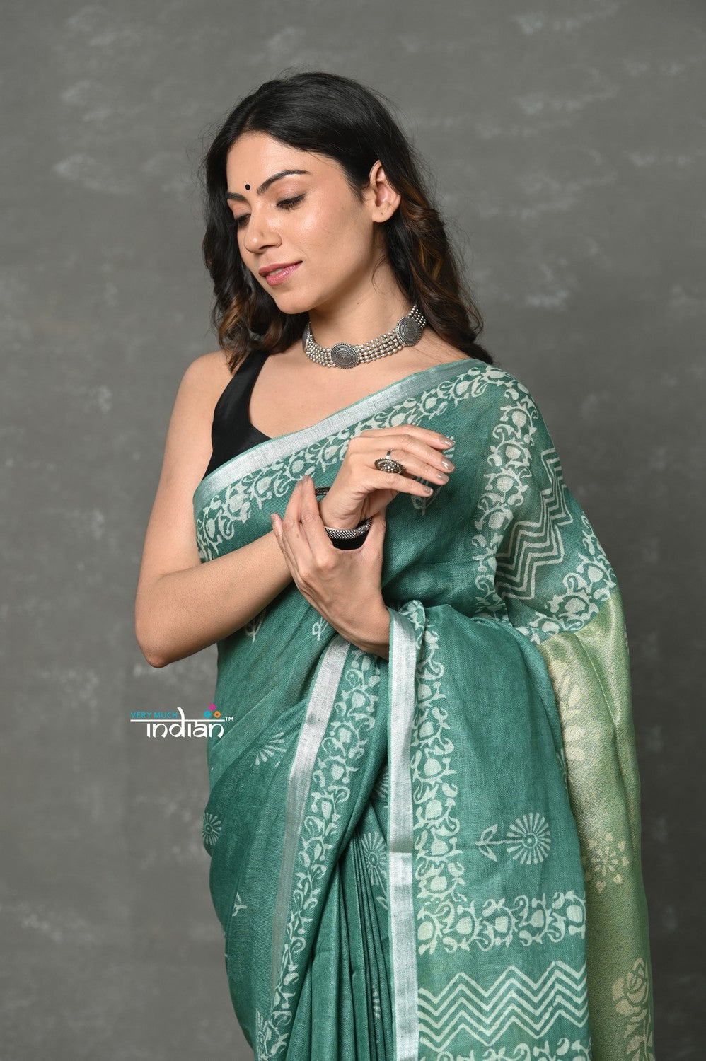 Very Much Indian Designed By VMI~ Handloom Pure Organic Natural Linen Saree - HandBlock Printed - Olive Green | Grocsy