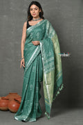 Very Much Indian Designed By VMI~ Handloom Pure Organic Natural Linen Saree - HandBlock Printed - Olive Green | Grocsy