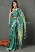 Very Much Indian Designed By VMI~ Handloom Pure Organic Natural Linen Saree - HandBlock Printed - Olive Green | Grocsy
