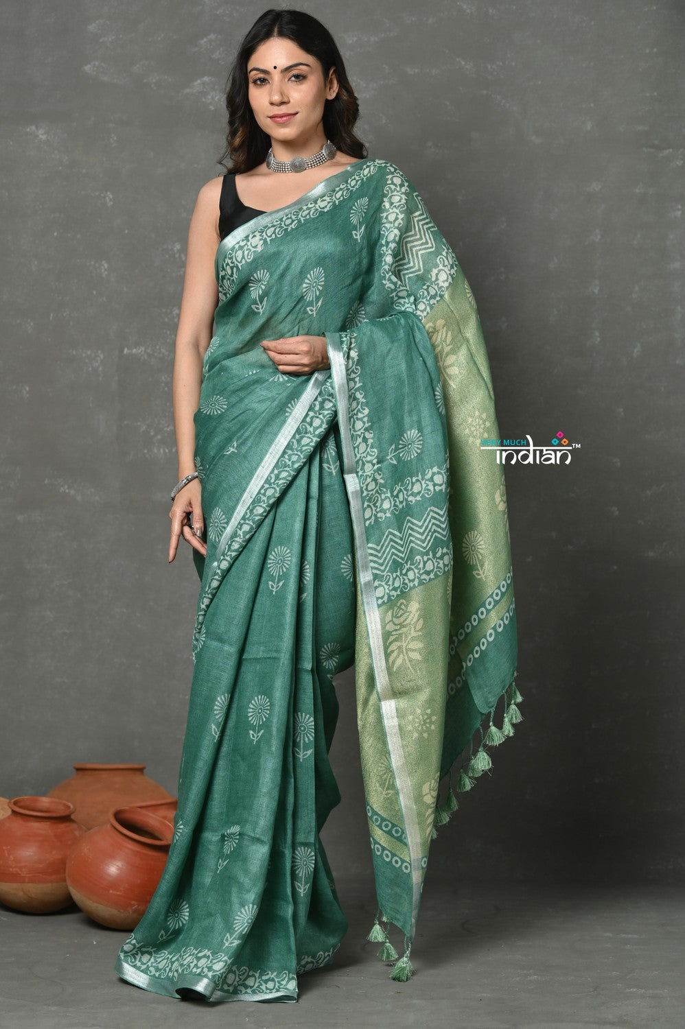 Very Much Indian Designed By VMI~ Handloom Pure Organic Natural Linen Saree - HandBlock Printed - Olive Green | Grocsy