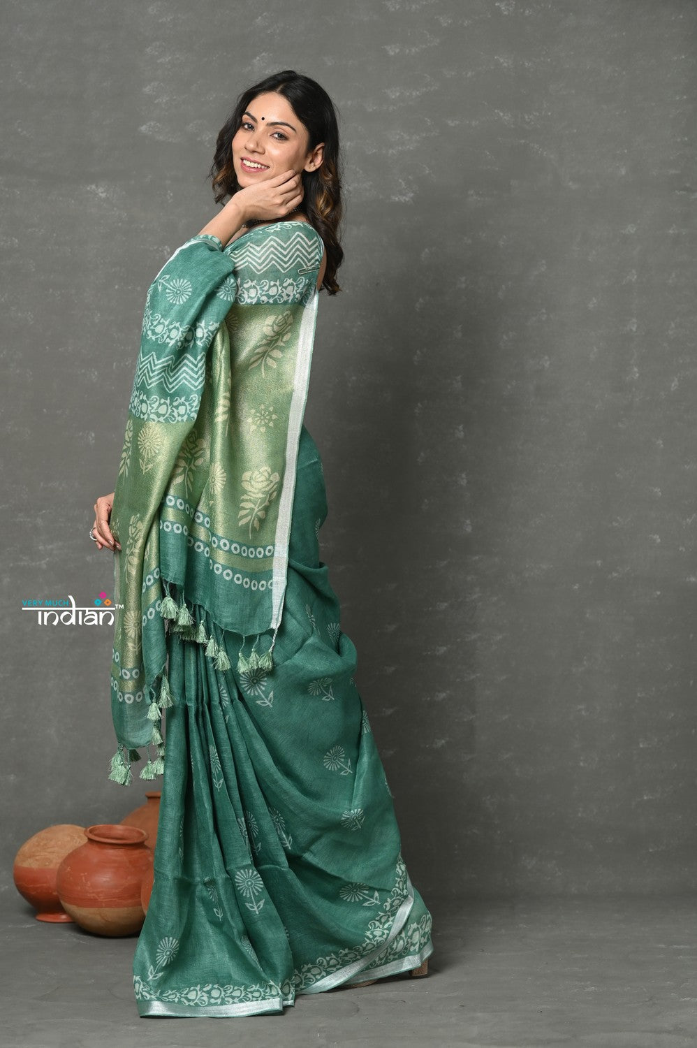 Very Much Indian Designed By VMI~ Handloom Pure Organic Natural Linen Saree - HandBlock Printed - Olive Green | Grocsy