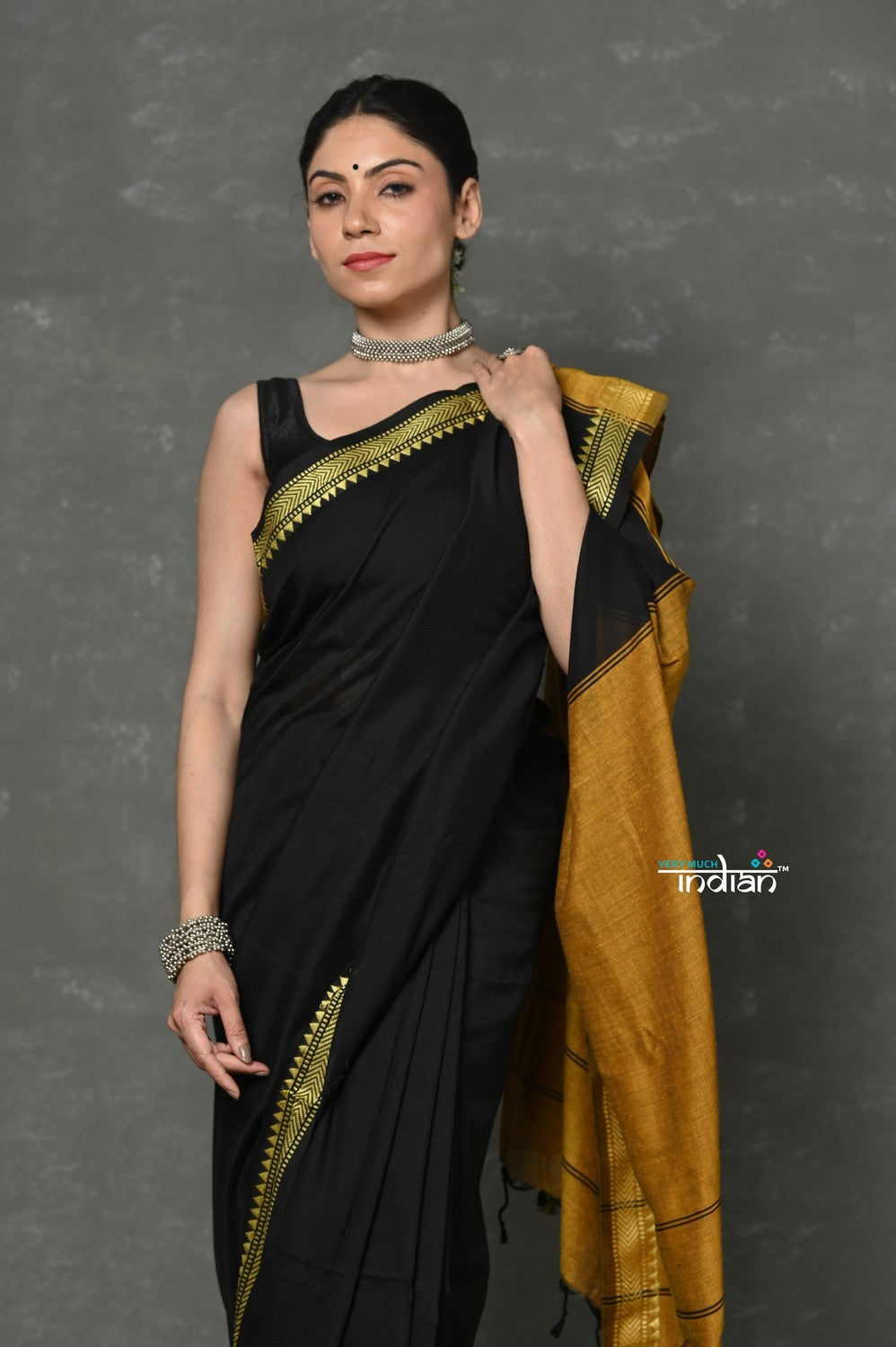 Very Much Indian Pure Mul Cotton Handloom Saree - Black | Grocsy