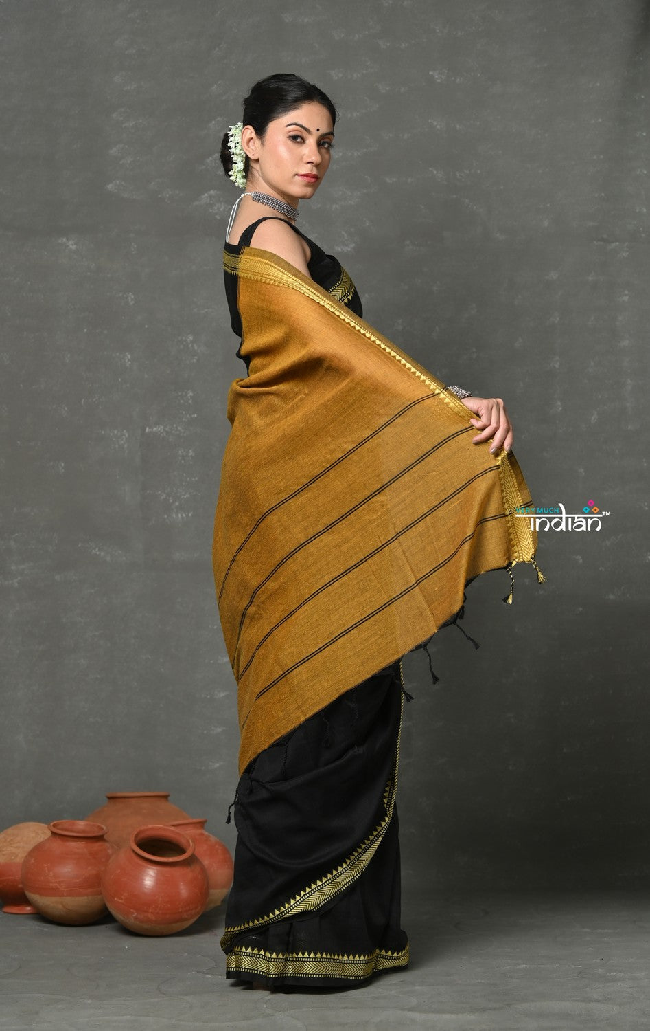 Very Much Indian Pure Mul Cotton Handloom Saree - Black | Grocsy
