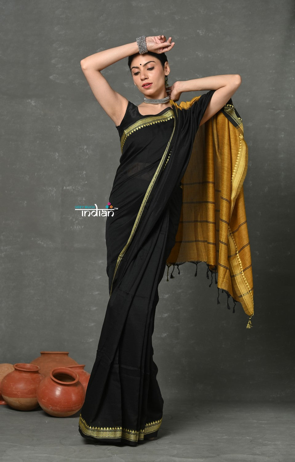 Very Much Indian Pure Mul Cotton Handloom Saree - Black | Grocsy