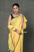 Very Much Indian Tyohaar - Mul Cotton Khadi Design Handloom Woven Saree - Yellow | Grocsy